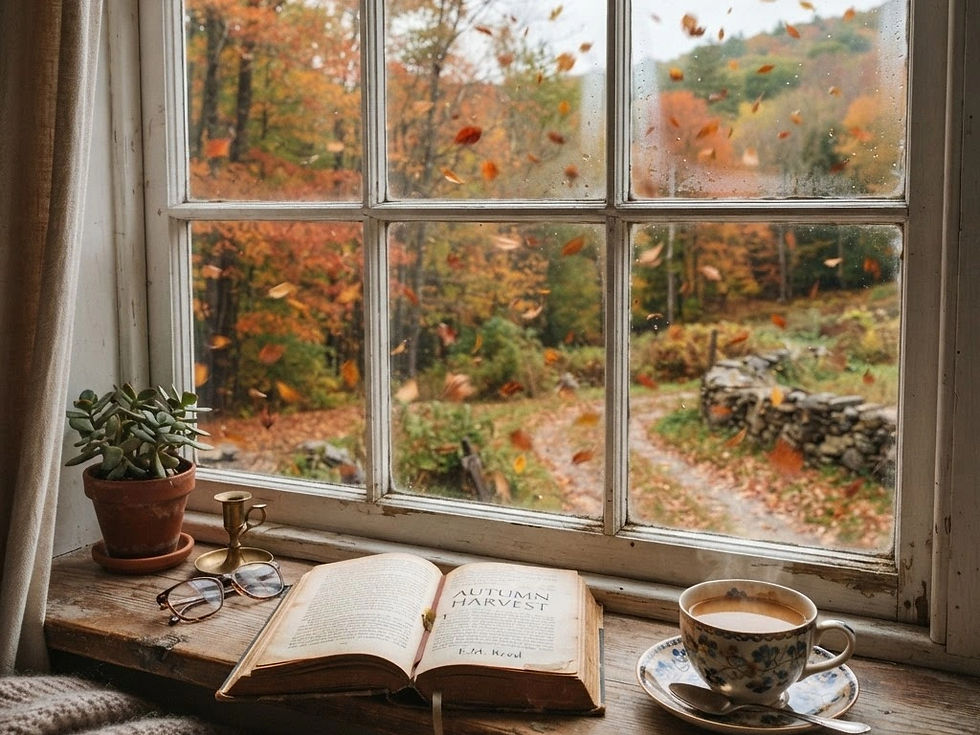 A book on a windowsill and autumn with leaves falling outside