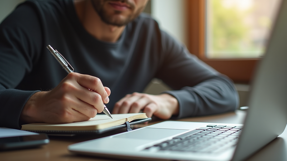 Close-up view of a person writing in a notebook with a laptop open