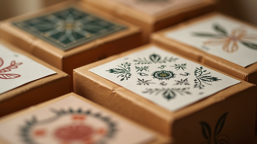 Close-up view of culturally inspired packaging design on artisanal products