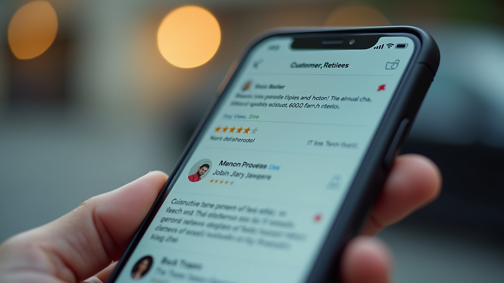 Close-up view of a smartphone screen showing customer reviews and ratings