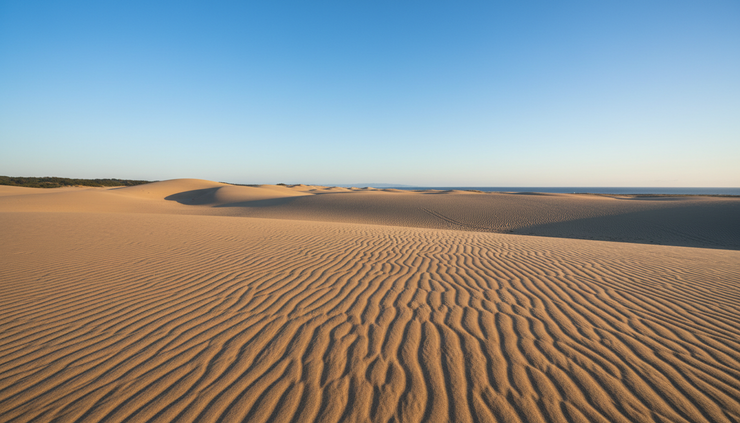 Wide-angle view of the Tottori Sand Dunes under a clear sky.