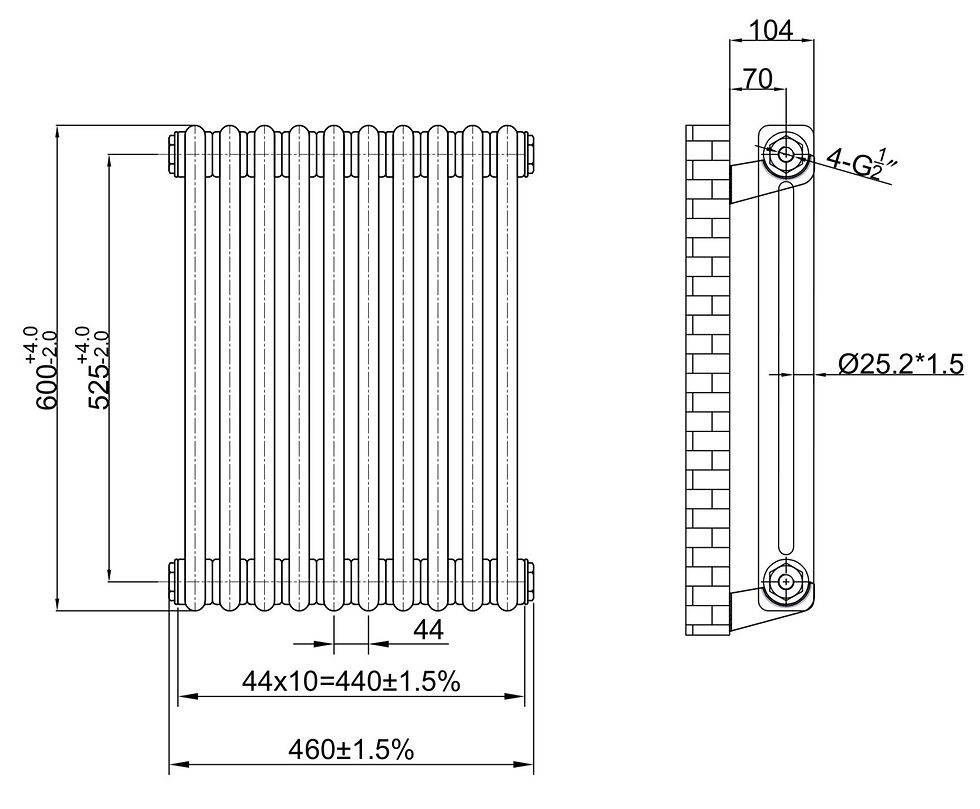 Brecon 2 Column Radiator 600x460 Specification