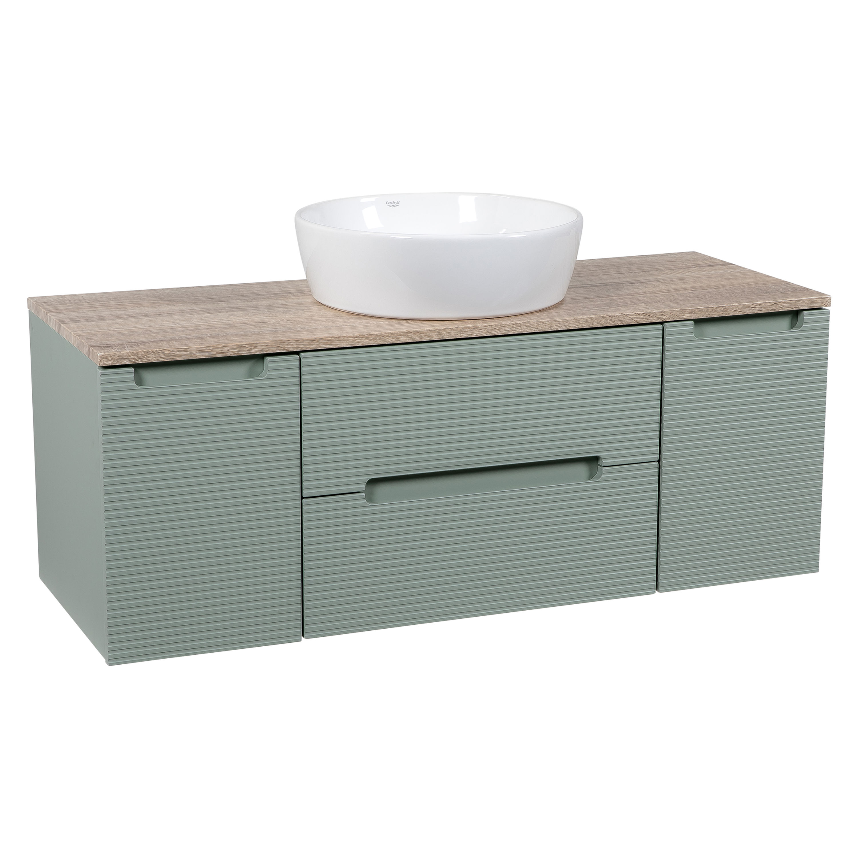 Monza Plus 1200mm Fluted Wall Vanity + 2 Side Cabs + Top - Green/Oak