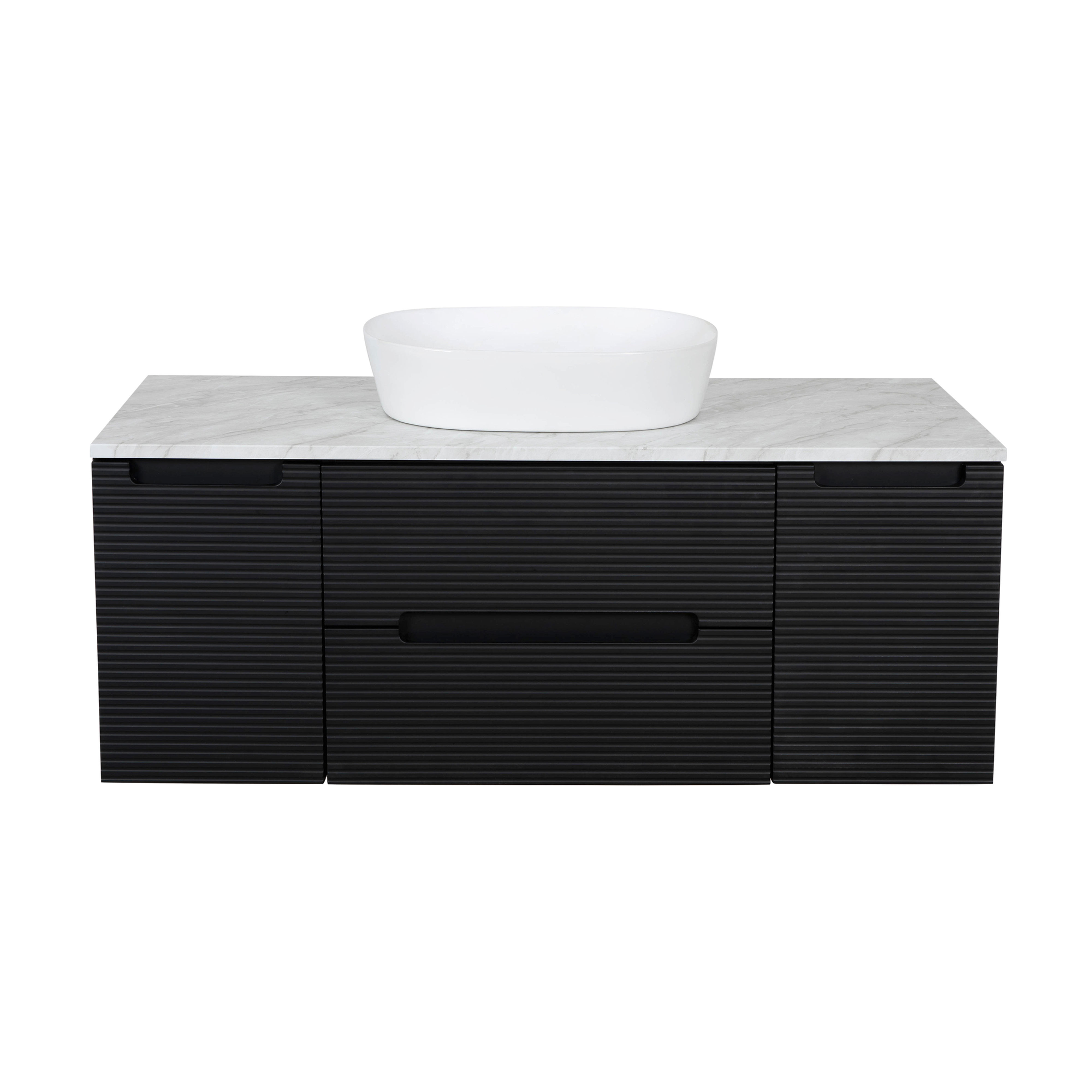 Monza Plus 1200mm Fluted Wall Vanity + 2 Side Cabs + Top - Black/Marble