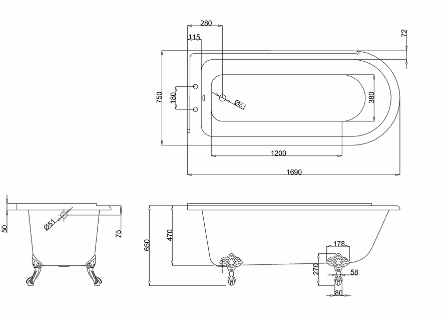 Thumbnail: Burlington Hampton 170cm Left Handed Showering Bath with Standard Feet