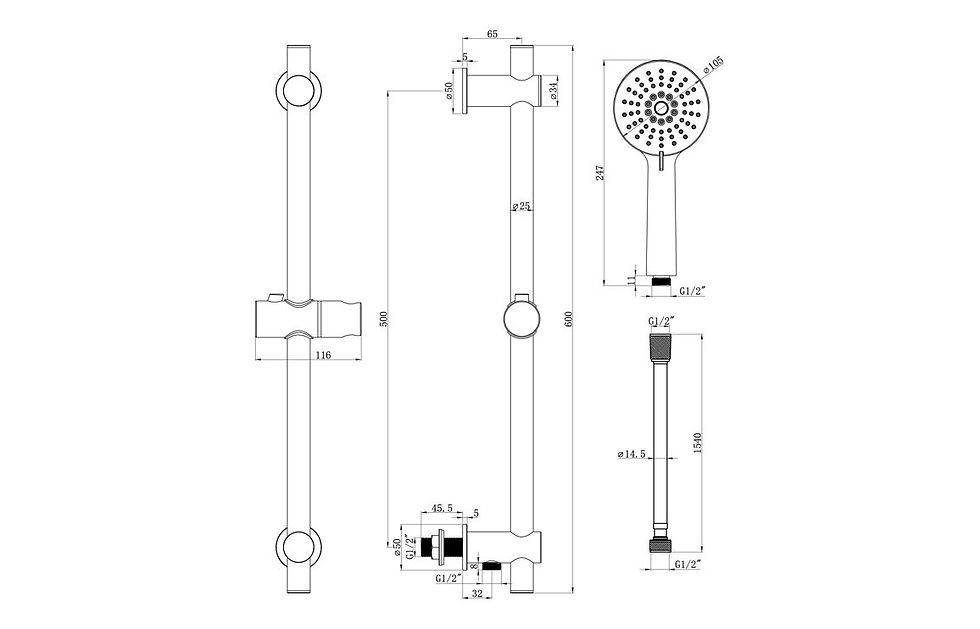 Thumbnail: Round Premium Slider Rail Kit w/Elbow & 3 Mode Handset
