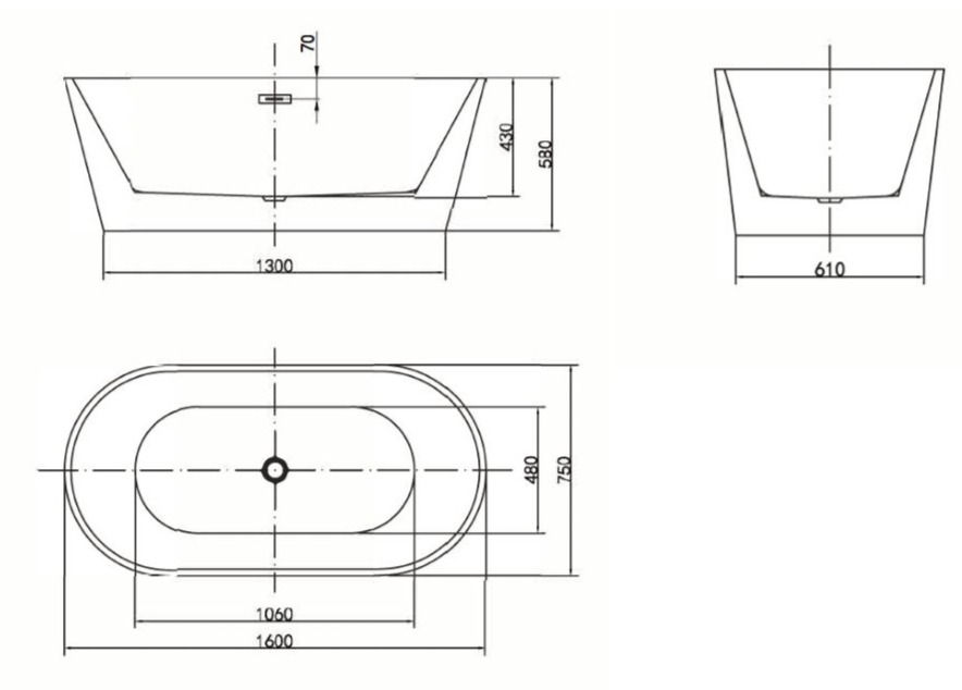 Thumbnail: Soak Freestanding Bath 1600x750mm Specification