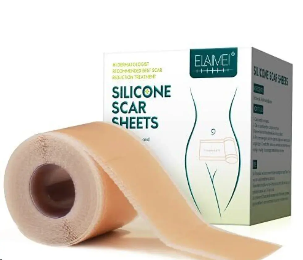 Silicone scar sheets roll and box with illustration of a torso. Text reads "ELAIMEI Silicone Scar Sheets." Beige, clean design.