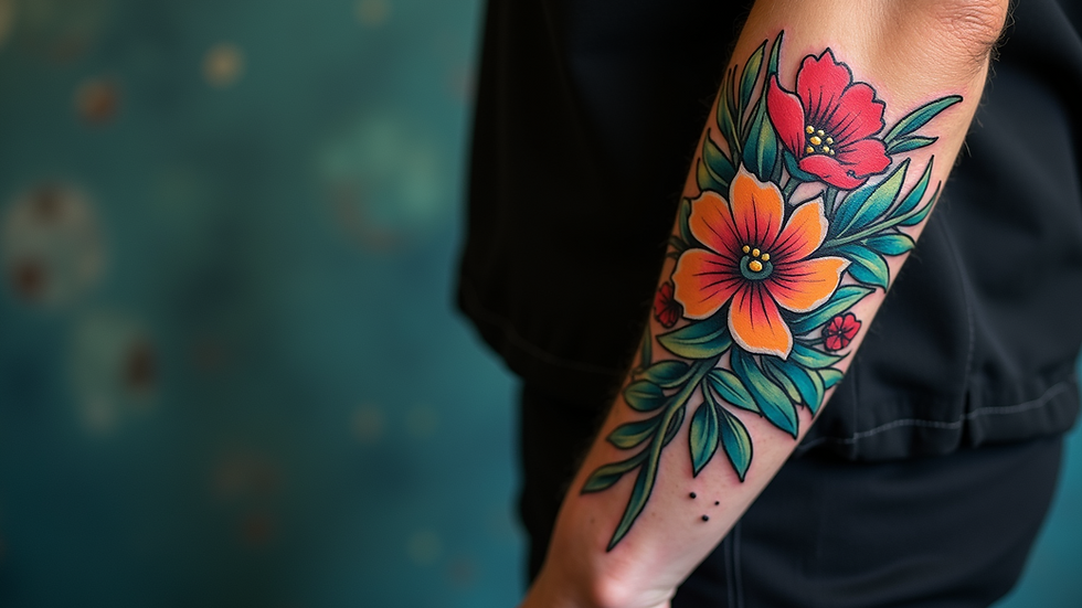 Eye-level view of a vibrant tattoo design on a client's arm