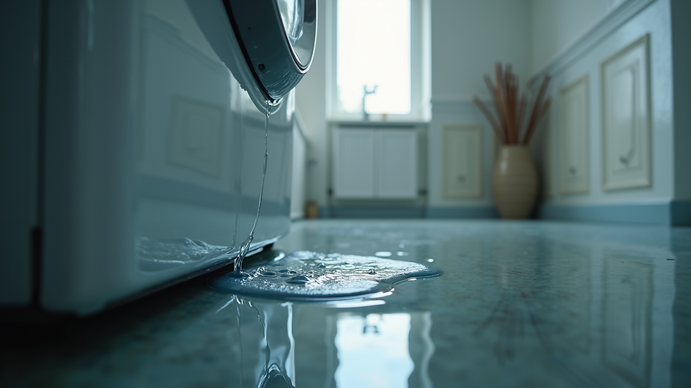 High angle view of a leaking washing machine with water pooling underneath