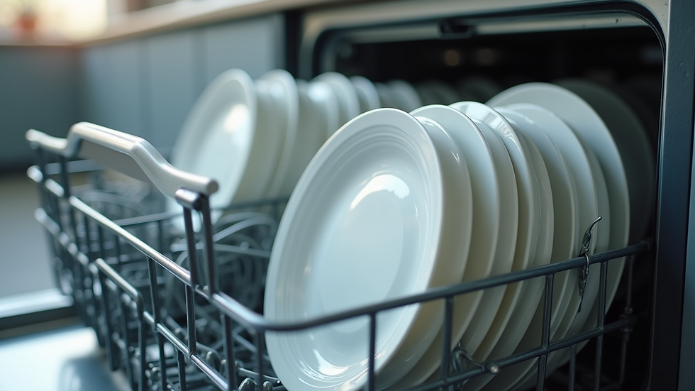 High angle view of a dishwasher with clean dishes inside