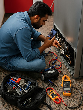 Refrigerator repair technician working at customer location in Bangalore
