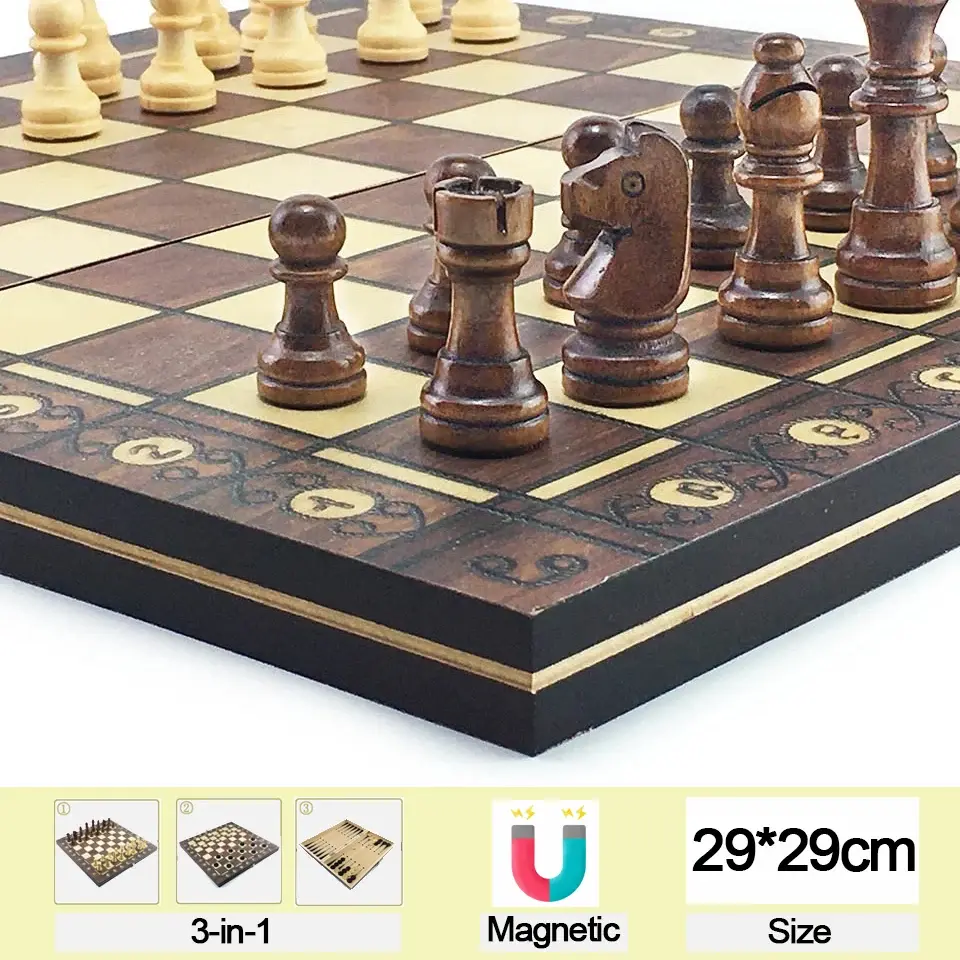 Thumbnail: Game Super Checkers 3 in 1 Chess Wooden Travel Chess Set Folding Backgammon