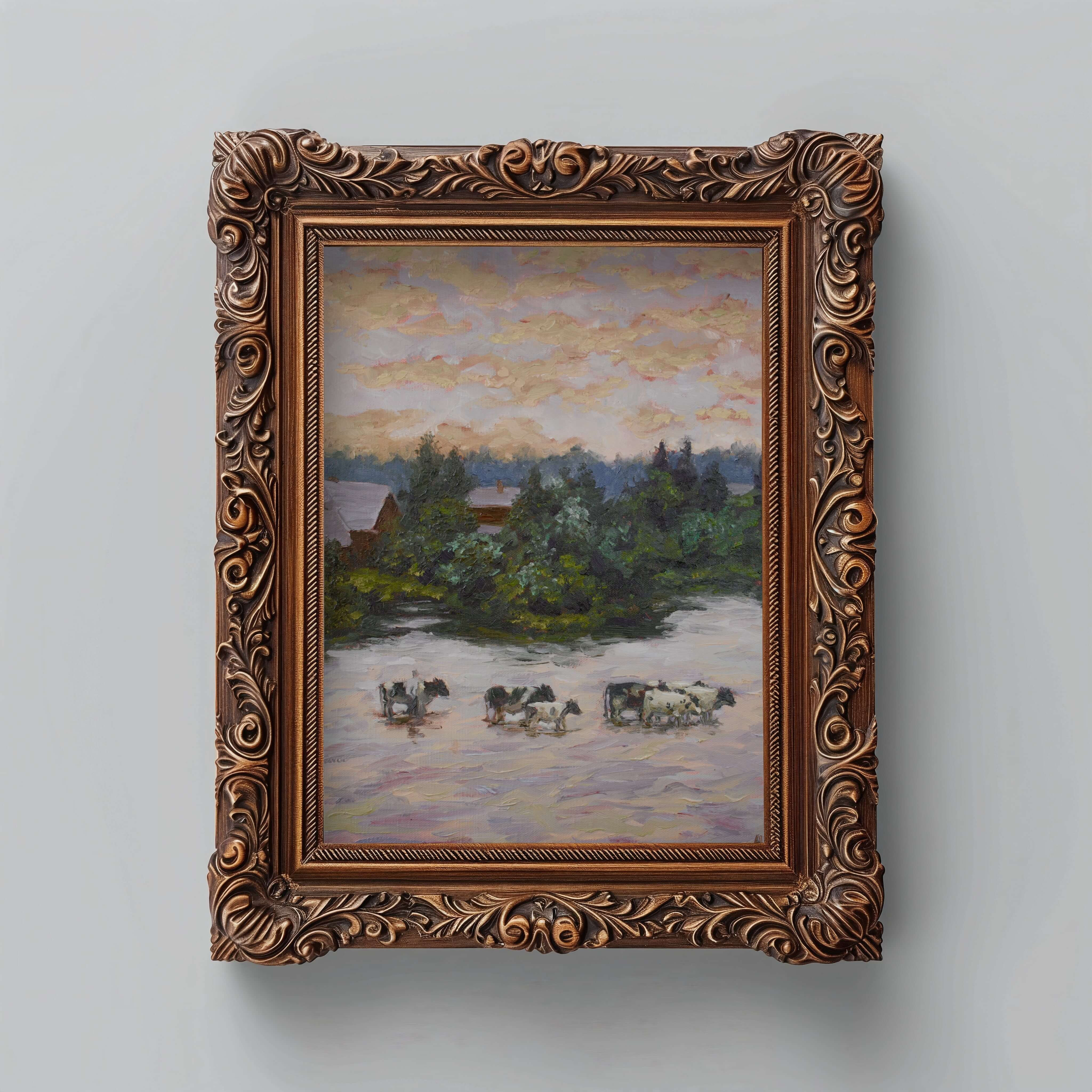 tonalist landscape oil painting of cows crossing a river