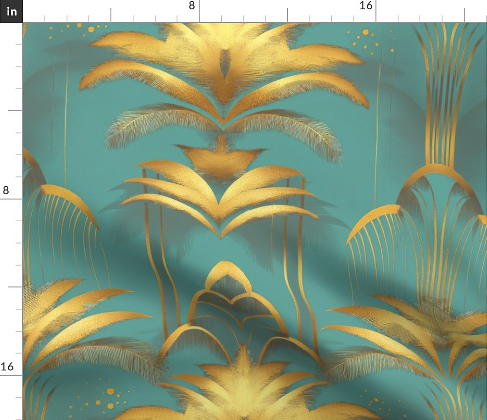 Thumbnail: Golden art deco palms pattern collection, variation 4, designed by marta rusin for fashion fabrics store