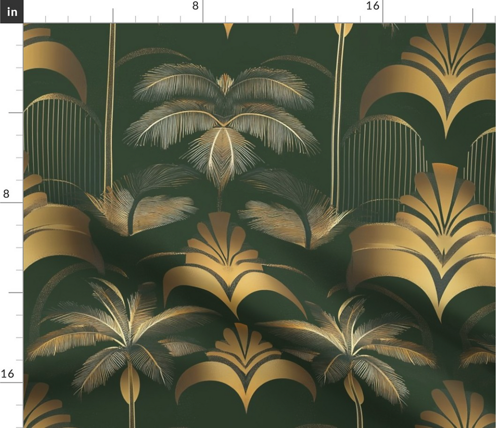 Thumbnail: Golden art deco palms pattern collection, variation 14, designed by marta rusin for fashion fabrics store