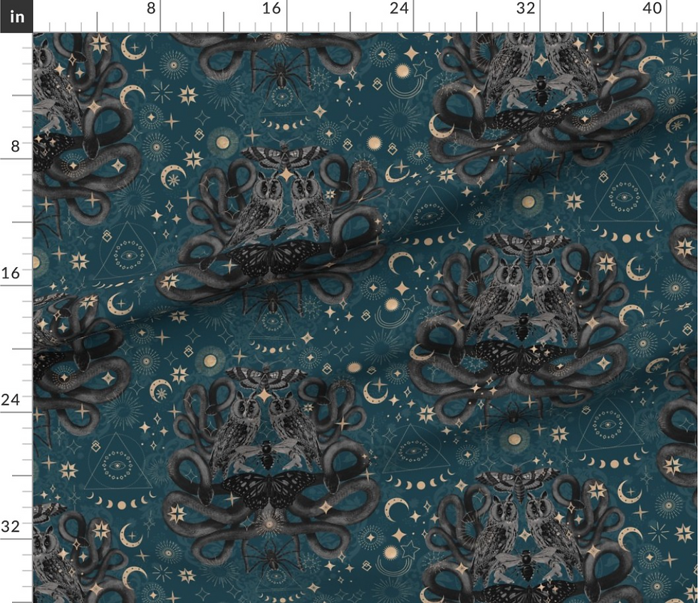 Snakes, owls, spiders and spells pattern designed by marta rusin for fashion fabrics store