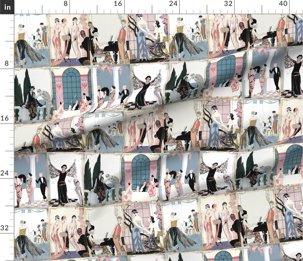 Thumbnail: scenes from 1900s paris pattern design by marta rusin for fashion fabrics store