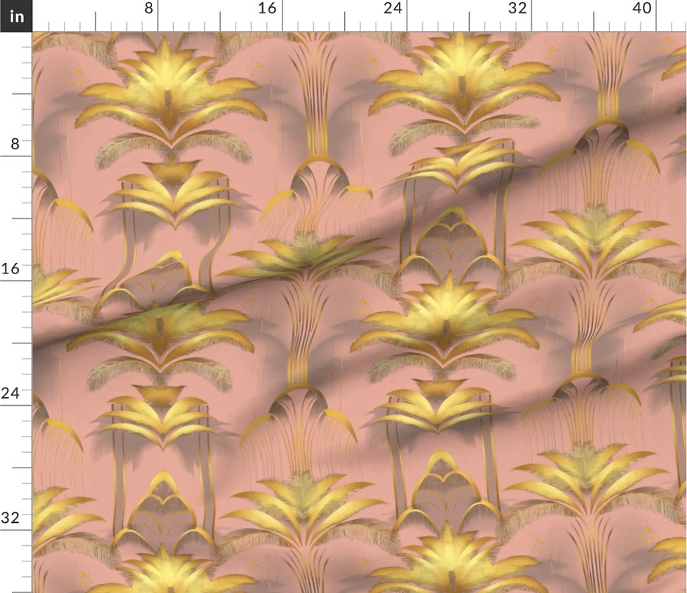 Thumbnail: Golden art deco palms pattern collection, variation 4, designed by marta rusin for fashion fabrics store