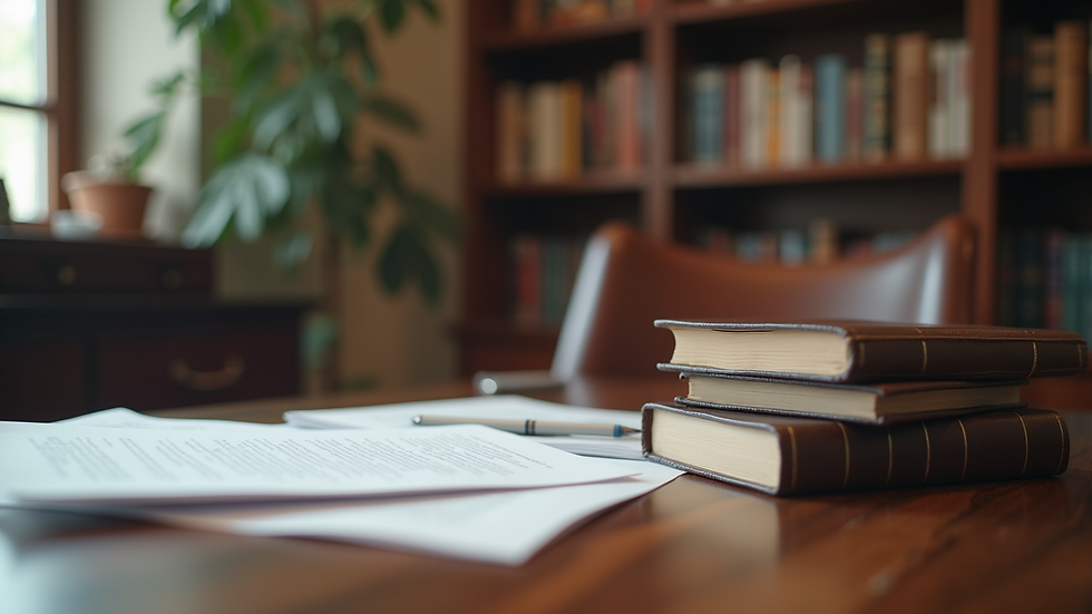 Eye-level view of a family law office with legal books and documents