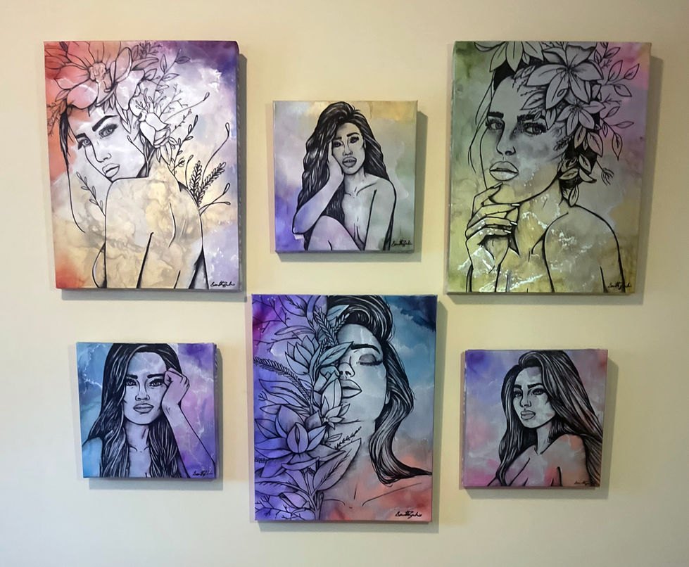 series/collection of six alcohol ink paintings of women