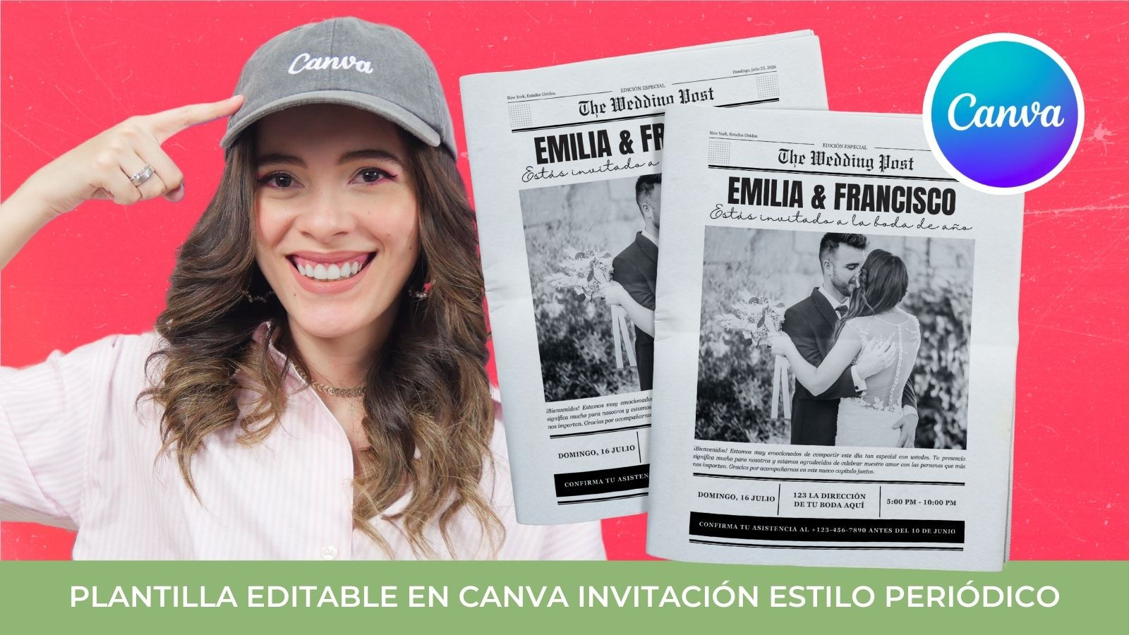 Plantilla editable en CANVA invitación de boda estilo periódico
