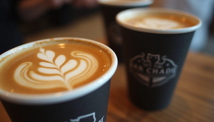 Eye-level view of a branded espresso bar with custom coffee cups and latte art featuring a logo