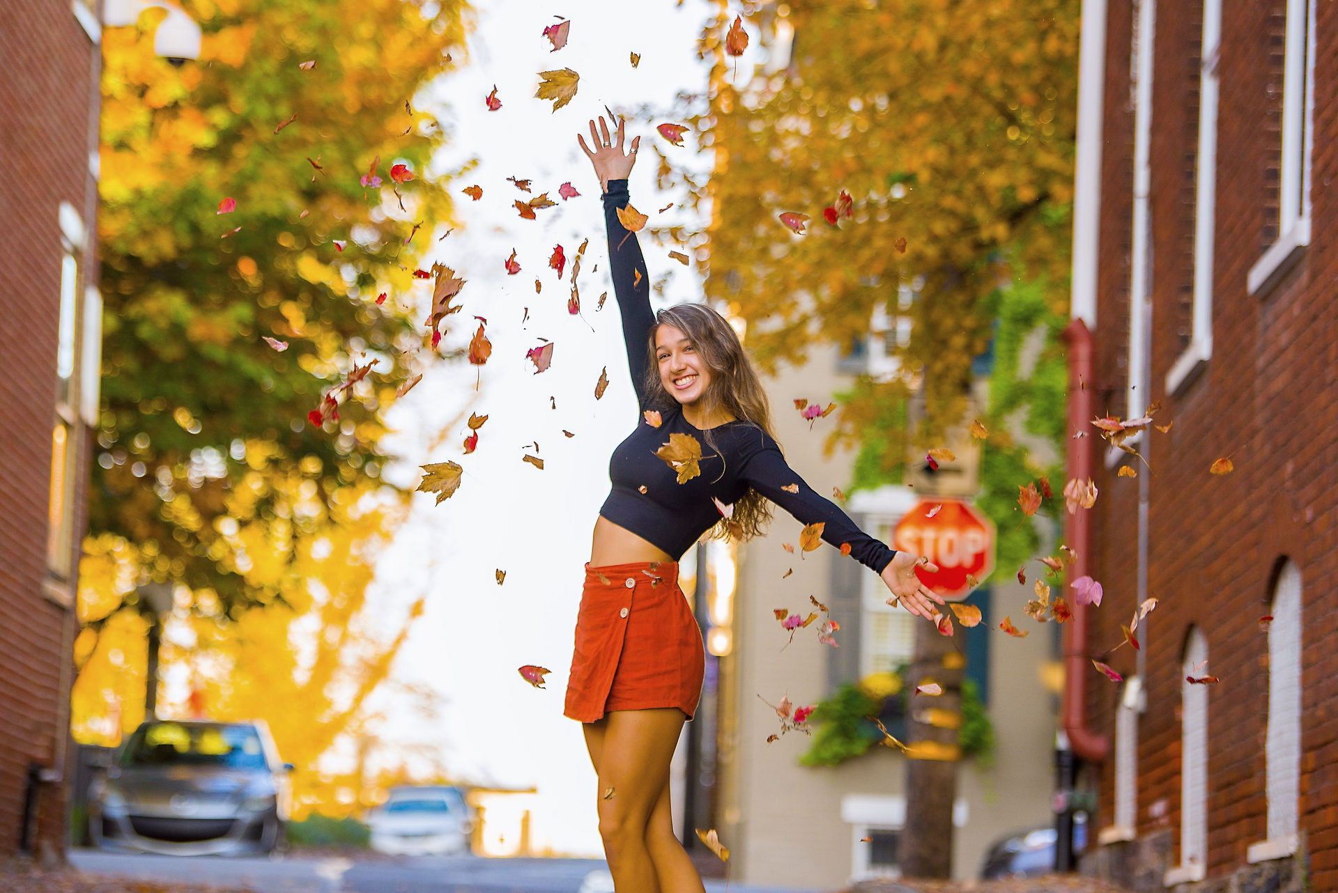 senior girl. city. fall. leaves