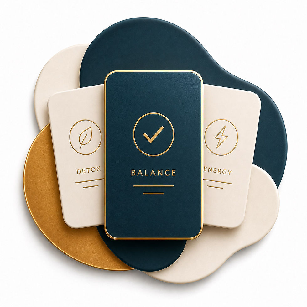 Wellness cards labeled Balance, Detox, and Energy.