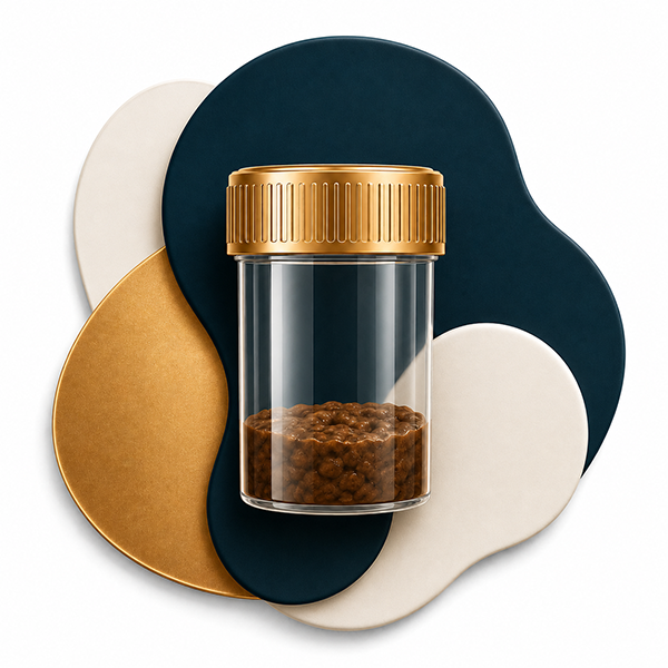 Small clear jar with gold lid containing brown granules