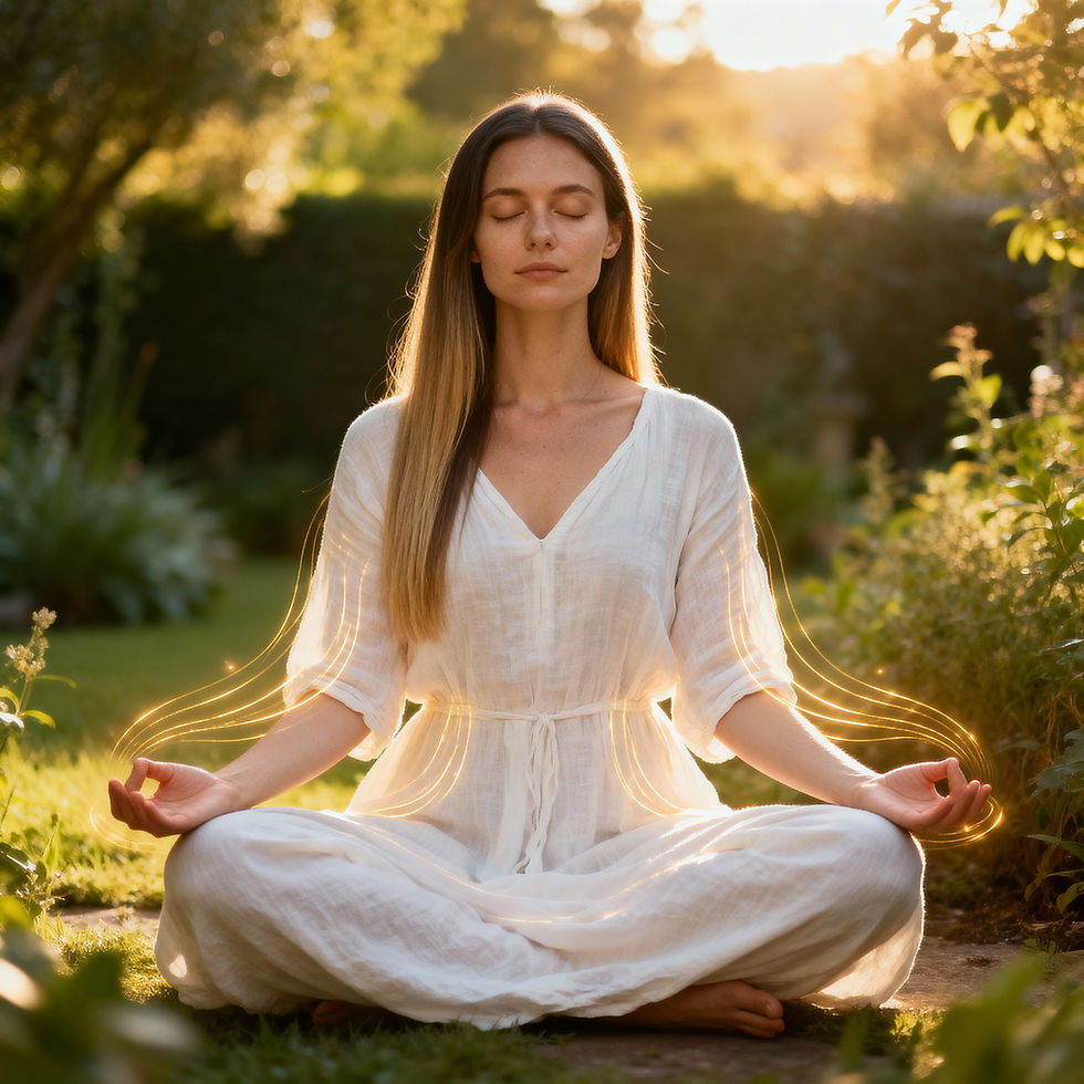 Mulher meditando em um jardim para promover o bem-estar por biorressonância com Aline, sua Saúde.