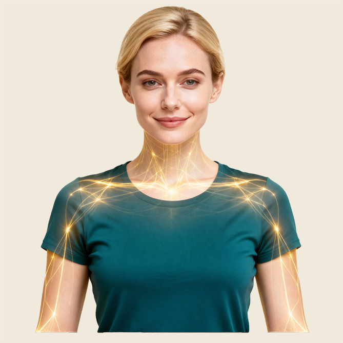 Smiling woman with glowing light lines on neck and shoulders to show autoimmune support when working with Aline your health