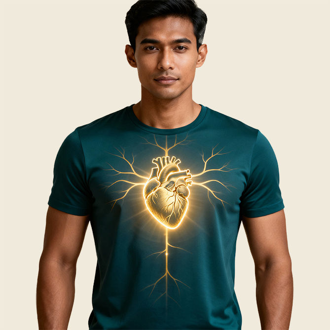 Man wearing a teal t-shirt with a glowing heart graphic.