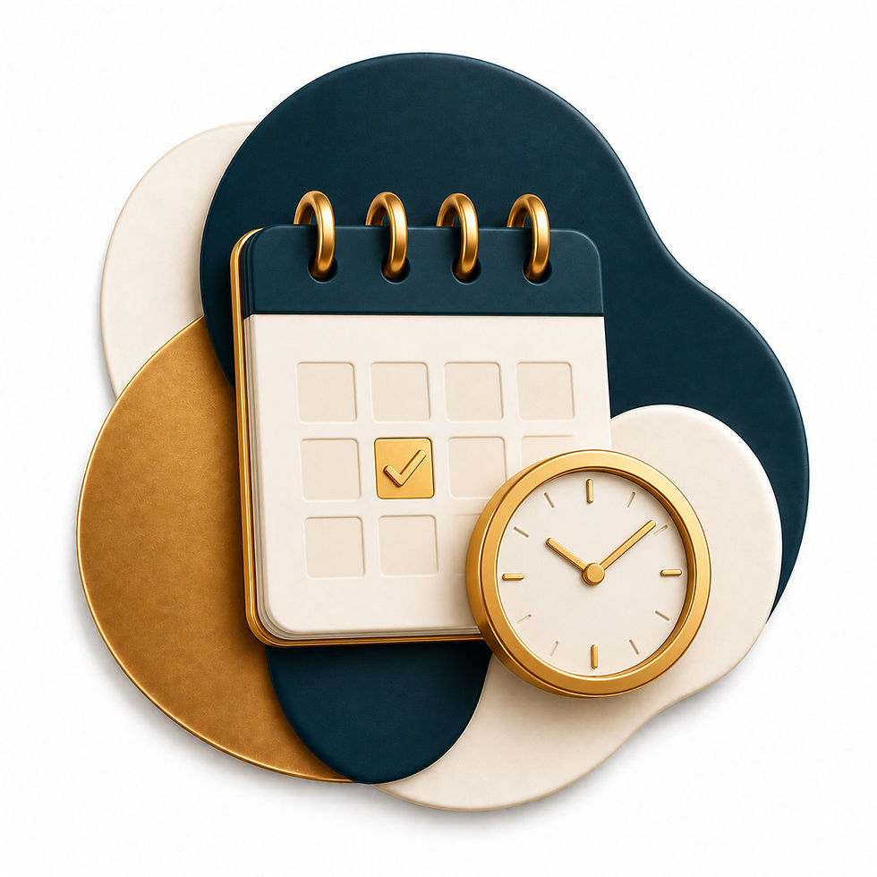 3D calendar icon with checkmark and clock overlay