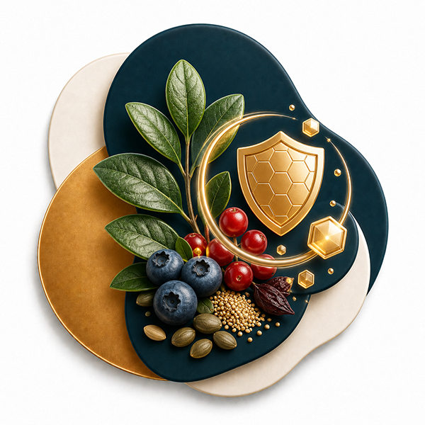 Blueberries, leaves, and a golden shield for health programmes.