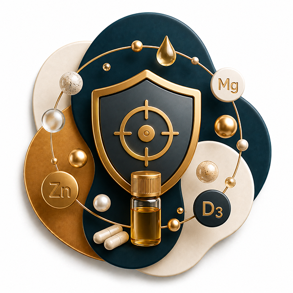Shield icon with zinc, magnesium, and vitamin D3 supplements.