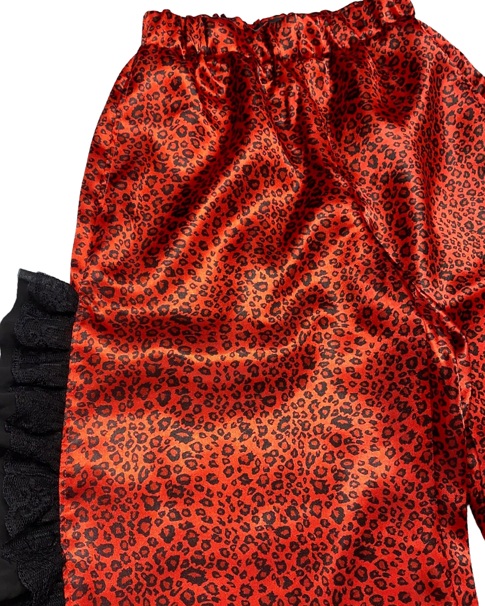 Thumbnail: 【SALE】Satin Leopard Lace Ruffle Double Slit Pants