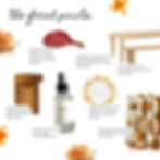 collage of focal point home decor items for a home inspired by our autumn brunch fragrance, including a skillet plate, a round outdoor table with a matching bench, a side table, a floral plate, a throw blanket, + the room spray that inspired it all. text reads "the focal points."