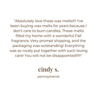 "Absolutely love these wax melts!!!! I've been buying wax melts for years because I don't care to burn candles. These melts filled my home with a wonderful Fall fragrance. Very prompt shipping, and the packaging was outstanding! Everything was so nicely put together with such loving care! You will not be disappointed!!!!!"