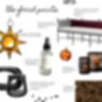 collage of focal point home decor items for a home inspired by our october nights fragrance, including a star-shaped candleholder, an outdoor bench, a lumbar pillow cover, concrete side tables, spiderweb candleholders, a spooky doormat, + the odor-eliminating room spray that inspired it all. text reads "the focal points."