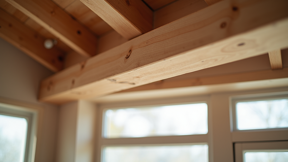 Eye-level view of a glulam beam installed over a window opening