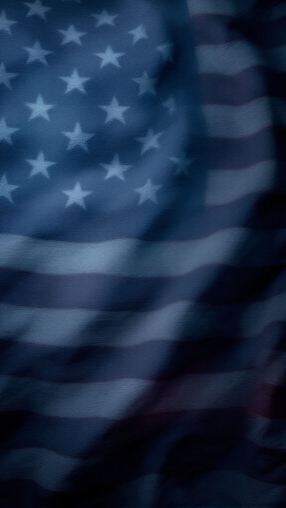 A textured navy blue background with a subtle, faint image of the American flag blurred in