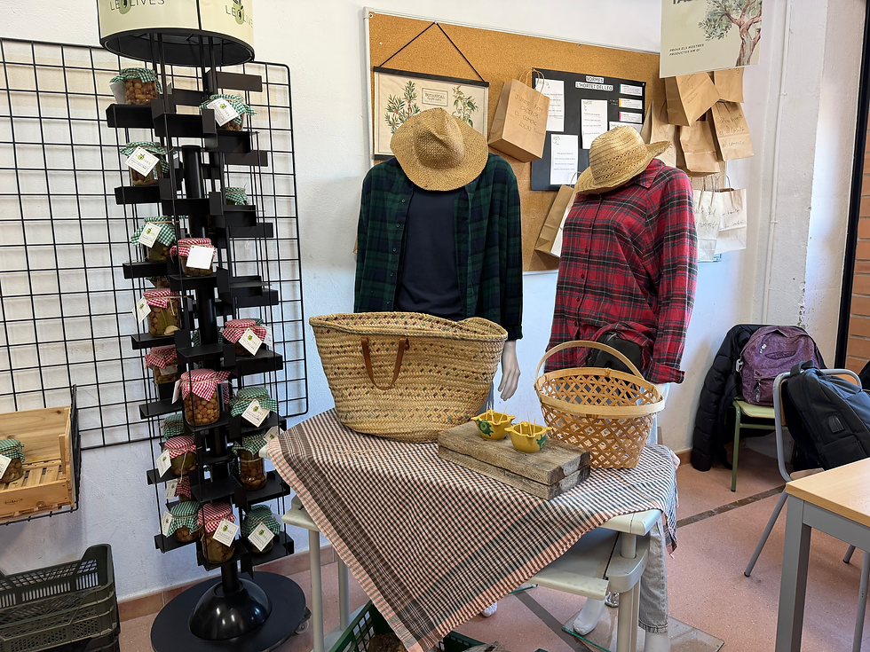 Vista interior de la tienda mostrando estantes con semillas, macetas y herramientas de jardinería