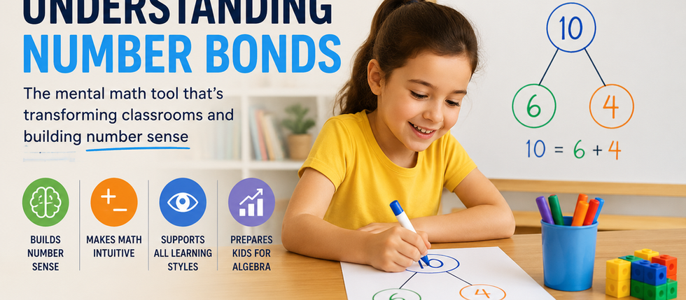 Childs learning number bonds and isual diagram of a number bond showing 10 in center circle with 6 and 4 in connected circles below