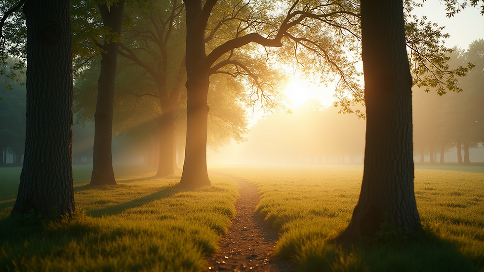 Eye-level view of a serene morning landscape with soft sunlight filtering through trees
