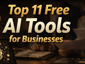 Top 11 free AI tools for businesses in 2026 shown on laptop workspace with AI software and digital marketing icons