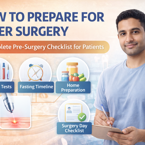 Laser surgery preparation checklist concept showing pre-surgery steps, medical tests, fasting, home preparation, and a patient ready for procedure.