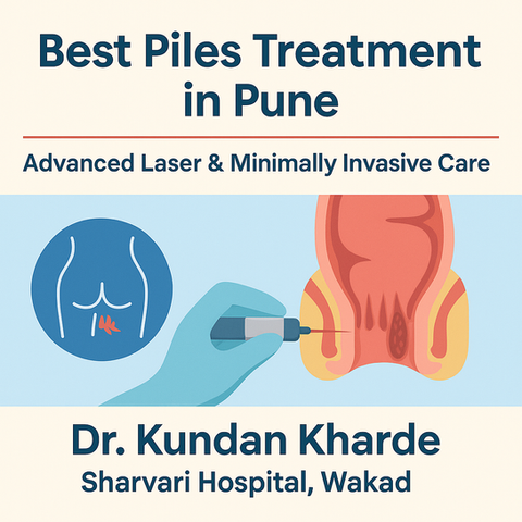 Banner for Best Piles Treatment in Pune featuring illustrations of laser piles treatment, hemorrhoid anatomy, and text highlighting advanced laser and minimally invasive care by Dr. Kundan Kharde at Sharvari Hospital, Wakad.