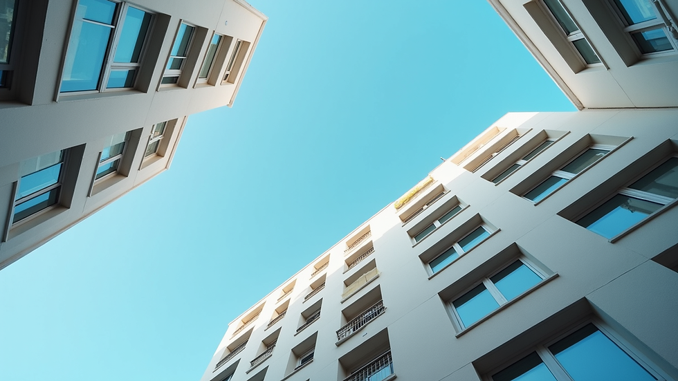Eye-level view of a modern apartment building with a clear blue sky