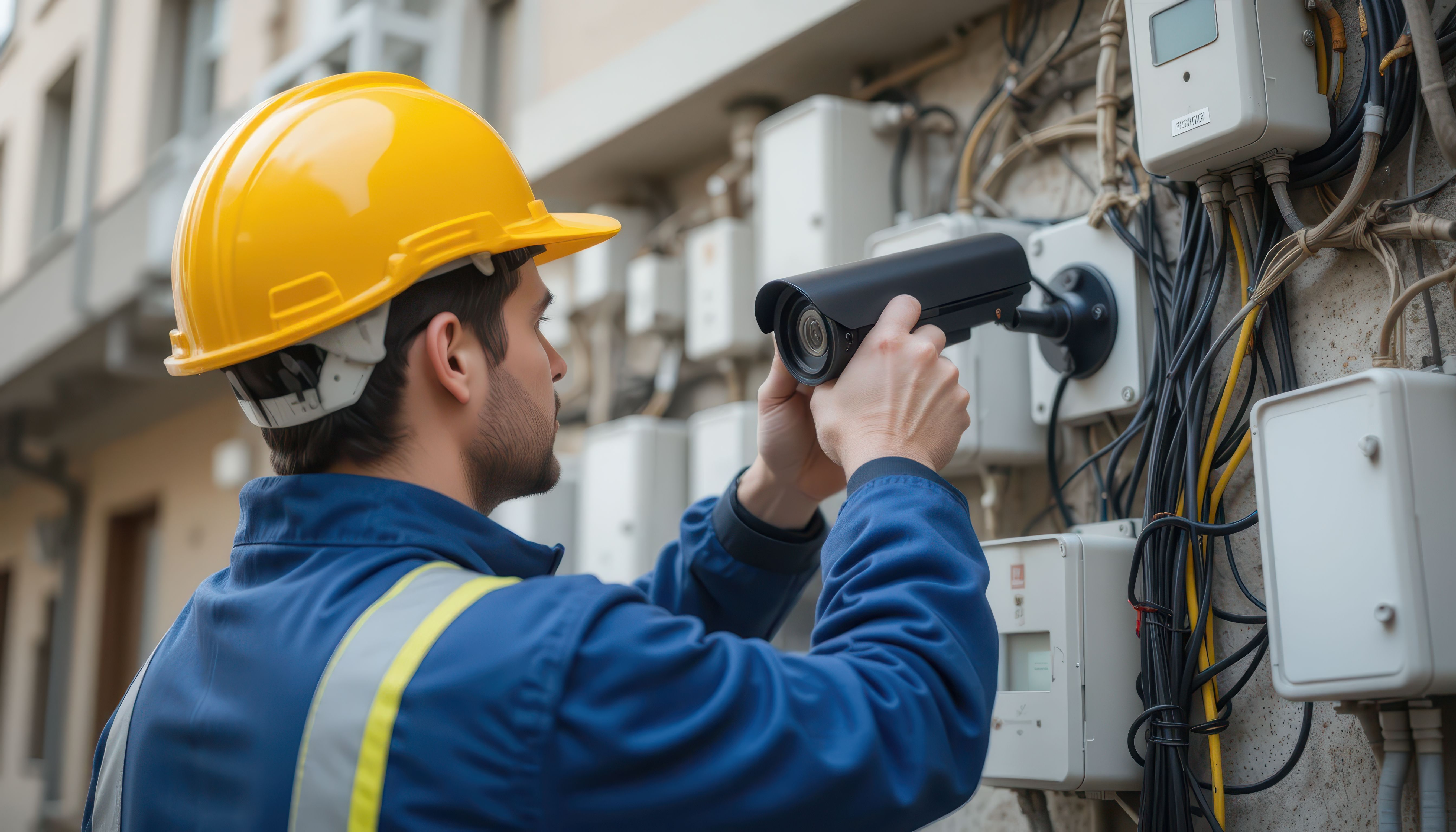 Technician installing a security camera